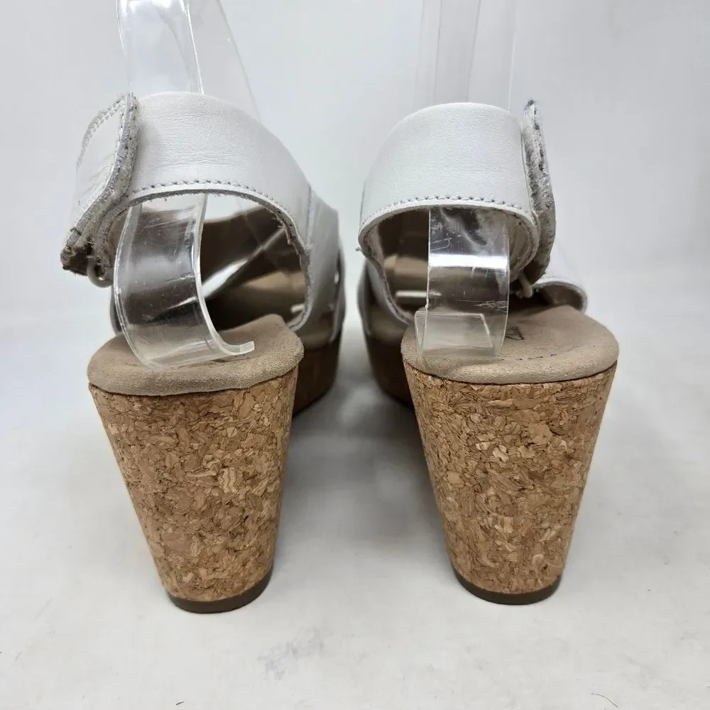 CLARKS Annadel Eirwyn White Leather Slingback Cork Wedge Sandals Sz 10‎